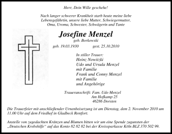 Traueranzeige von Josefine Menzel von Tageszeitung