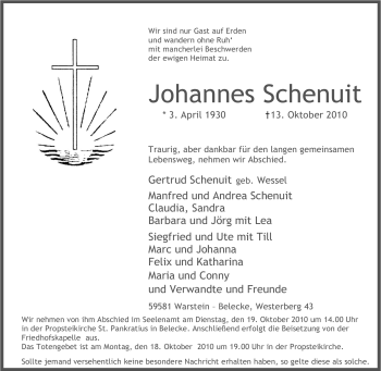 Traueranzeige von Johannes Schenuit von Tageszeitung