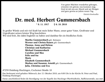 Traueranzeige von Herbert Gummersbach von Tageszeitung