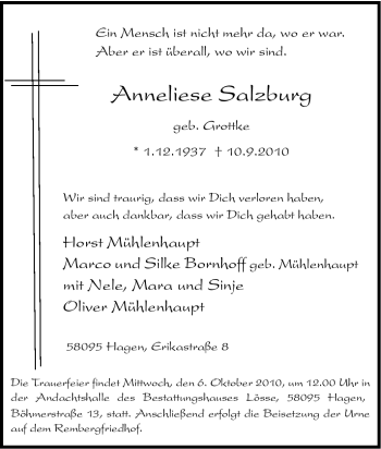 Traueranzeige von Anneliese Salzburg von Tageszeitung