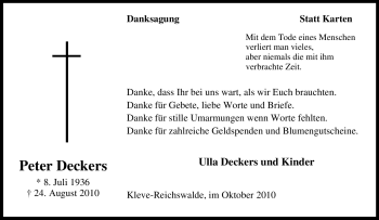 Traueranzeige von Peter Deckers von Tageszeitung