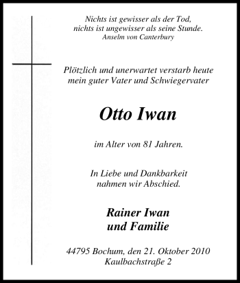 Traueranzeige von Otto Iwan von Tageszeitung