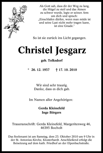 Traueranzeige von Christel Jesgarz von Tageszeitung