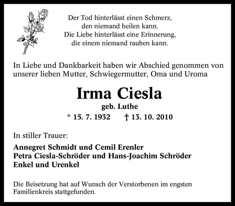  Traueranzeige für Irma Ciesla vom 22.10.2010 aus Tageszeitung
