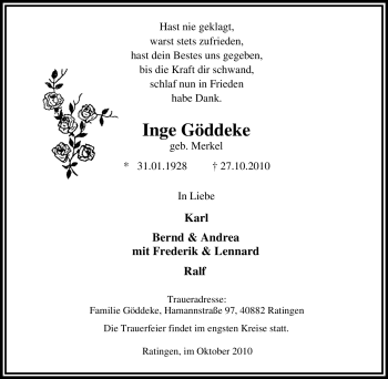 Traueranzeige von Inge Göddeke von Tageszeitung