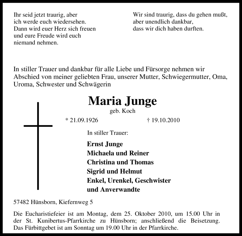  Traueranzeige für Maria Junge vom 22.10.2010 aus Tageszeitung