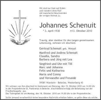 Traueranzeige von Johannes Schenuit von Tageszeitung