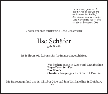 Traueranzeige von Ilse Schäfer von Tageszeitung