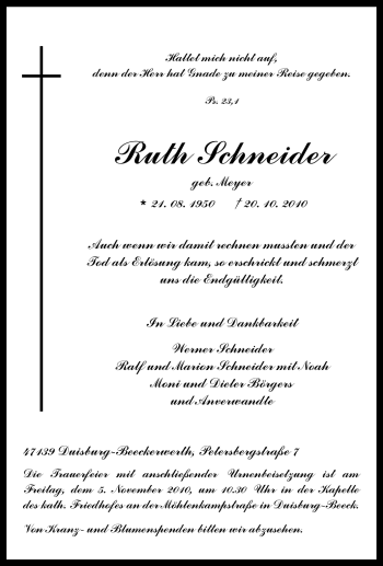 Traueranzeige von Ruth Schneider von Tageszeitung