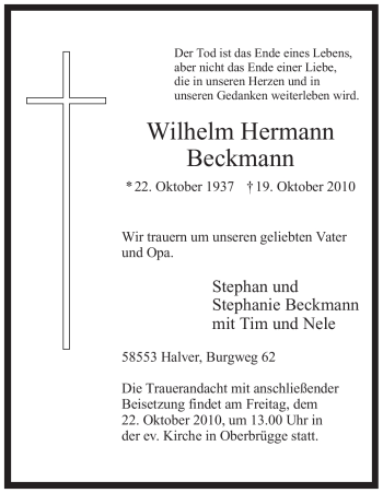 Traueranzeige von Wilhelm Hermann Beckmann von Tageszeitung