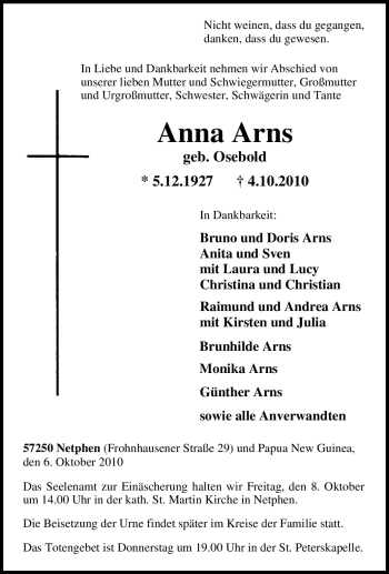 Traueranzeige von Anna Arns von Tageszeitung