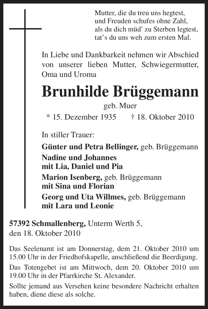  Traueranzeige für Brunhilde Brüggemann vom 20.10.2010 aus Tageszeitung