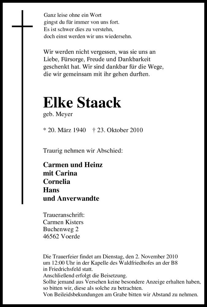  Traueranzeige für Elke Staack vom 27.10.2010 aus Tageszeitung