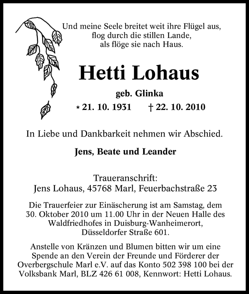 Traueranzeige für Hetti Lohaus vom 26.10.2010 aus Tageszeitung