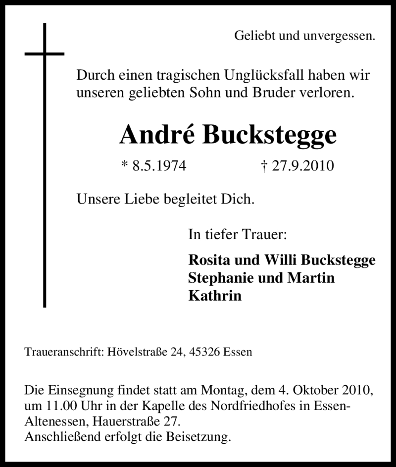  Traueranzeige für André Buckstegge vom 02.10.2010 aus Tageszeitung
