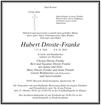 Traueranzeige von Hubert Droste-Franke von Tageszeitung
