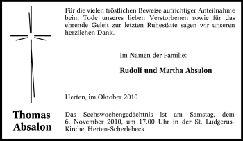 Traueranzeige von Thomas Absalon von Tageszeitung