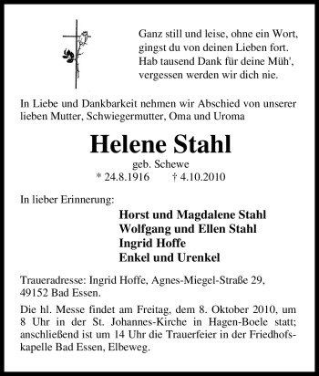 Traueranzeige von Helene Stahl von Tageszeitung
