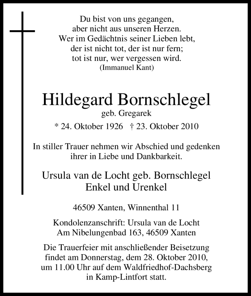  Traueranzeige für Hildegard Bornschlegel vom 26.10.2010 aus Tageszeitung