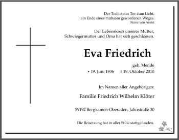Traueranzeige von Eva Friedrich von Tageszeitung