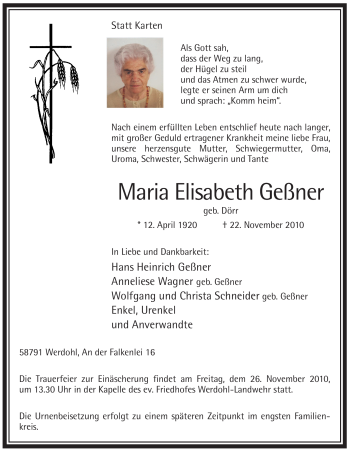 Traueranzeige von Maria Elisabeth Geßner von Tageszeitung