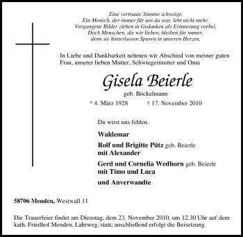 Traueranzeige von Gisela Beierle von Tageszeitung