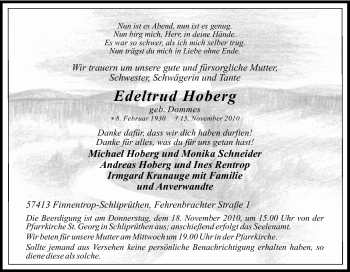 Traueranzeige von Edeltrud Hoberg von Tageszeitung