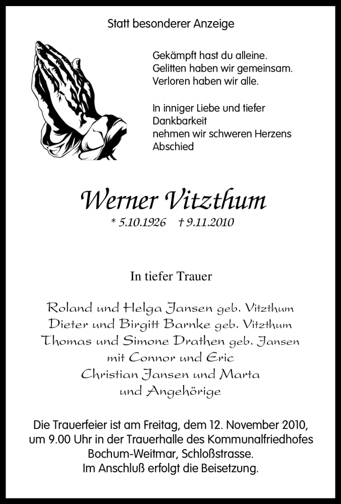  Traueranzeige für Werner Vitzthum vom 10.11.2010 aus Tageszeitung