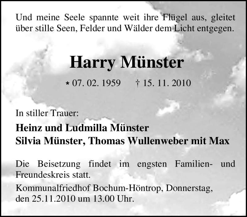  Traueranzeige für Harry Münster vom 19.11.2010 aus Tageszeitung