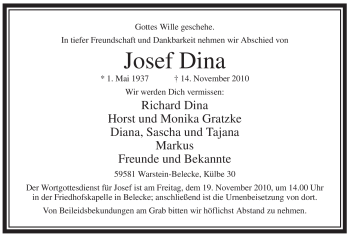 Traueranzeige von Josef Dina von Tageszeitung