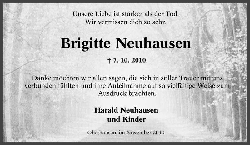  Traueranzeige für Brigitte Neuhausen vom 11.11.2010 aus Tageszeitung