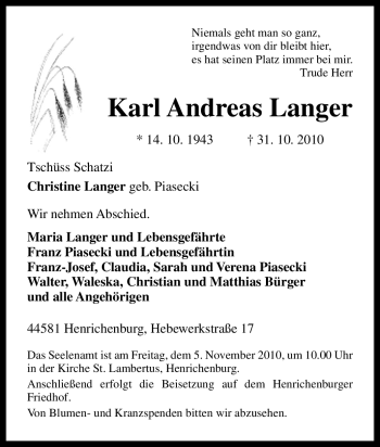 Traueranzeige von Karl Andreas Langer von Tageszeitung