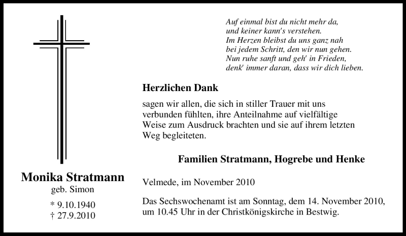  Traueranzeige für Monika Stratmann vom 06.11.2010 aus Tageszeitung