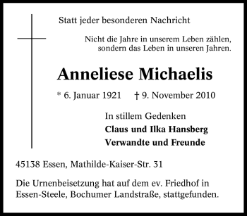 Traueranzeigen von Anneliese Michaelis TrauerinNRW.de