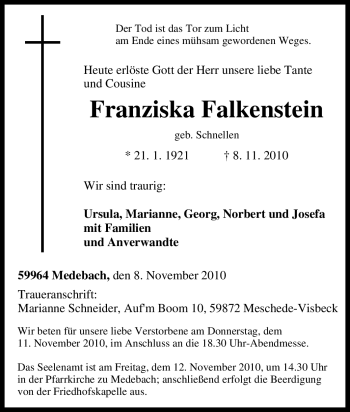 Traueranzeige von Franziska Falkenstein von Tageszeitung