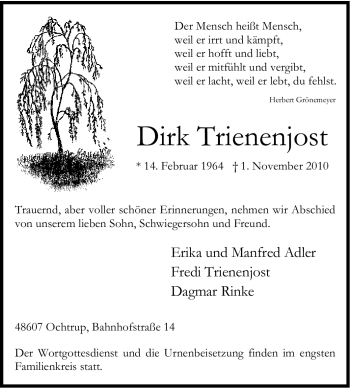 Traueranzeige von Dirk Trienenjost von Tageszeitung