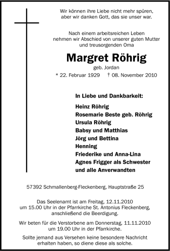 Traueranzeige von Margret Röhrig von Tageszeitung