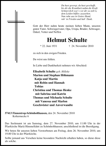 Traueranzeige von Helmut Schulte von Tageszeitung