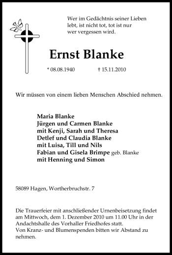 Traueranzeige von Ernst Blanke von Tageszeitung