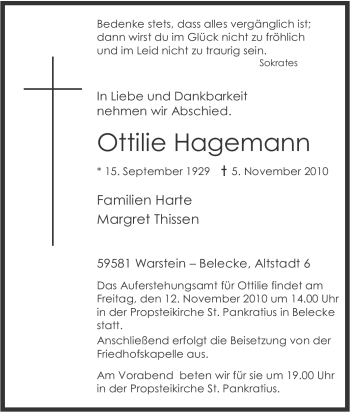 Traueranzeige von Ottilie Hagemann von Tageszeitung