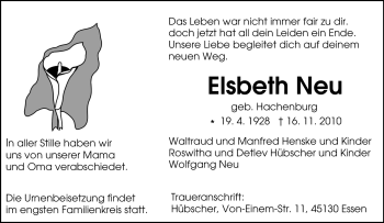 Traueranzeige von Elsbeth Neu von Tageszeitung
