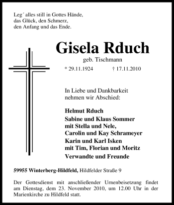Traueranzeige von Gisela Rduch von Tageszeitung