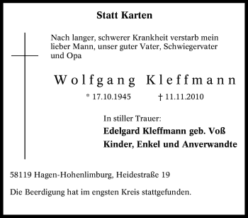Traueranzeige von Wolfgang Kleffmann von Tageszeitung