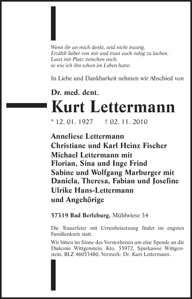  Traueranzeige für Kurt Lettermann vom 04.11.2010 aus Tageszeitung