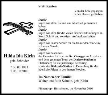 Traueranzeige von Hilda Ida Klein von Tageszeitung