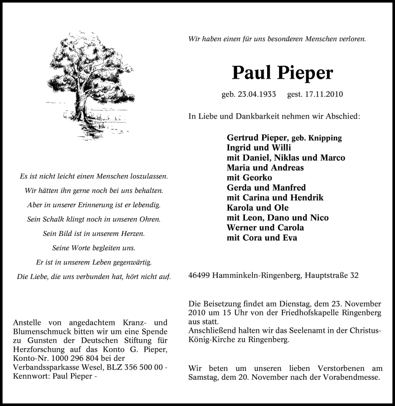  Traueranzeige für Paul Pieper vom 19.11.2010 aus Tageszeitung