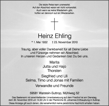 Traueranzeige von Heinz Ehling von Tageszeitung