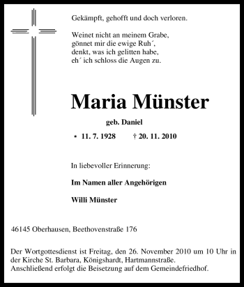 Traueranzeige von Maria Münster von Tageszeitung