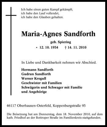 Traueranzeige von Maria-Agnes Sandforth von Tageszeitung