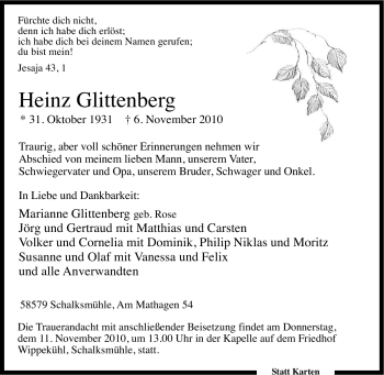 Traueranzeige von Heinz Glittenberg von Tageszeitung